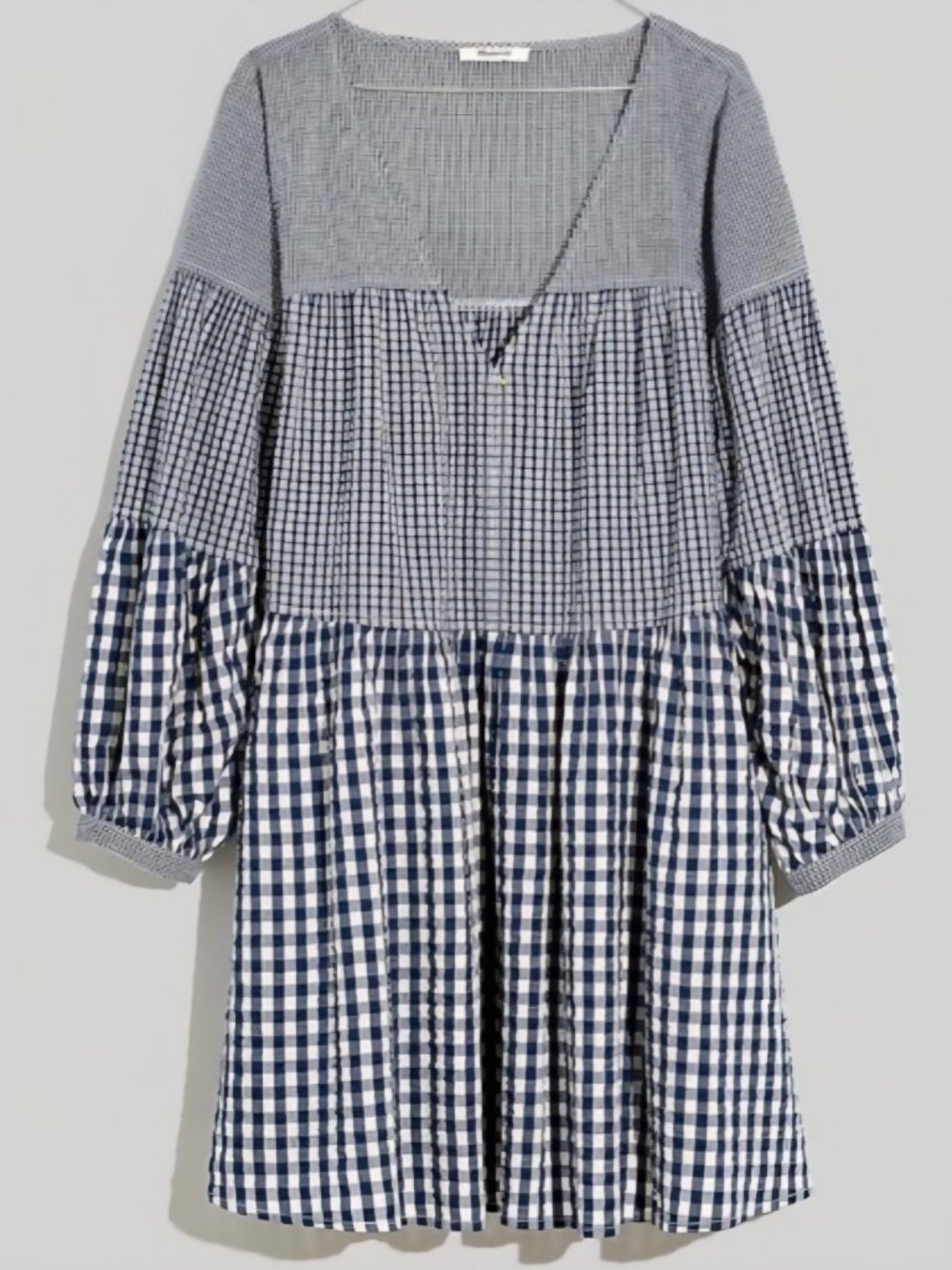 Madewell Seersucker V-Neck Mini Dress in Gingham Check Navy size Large